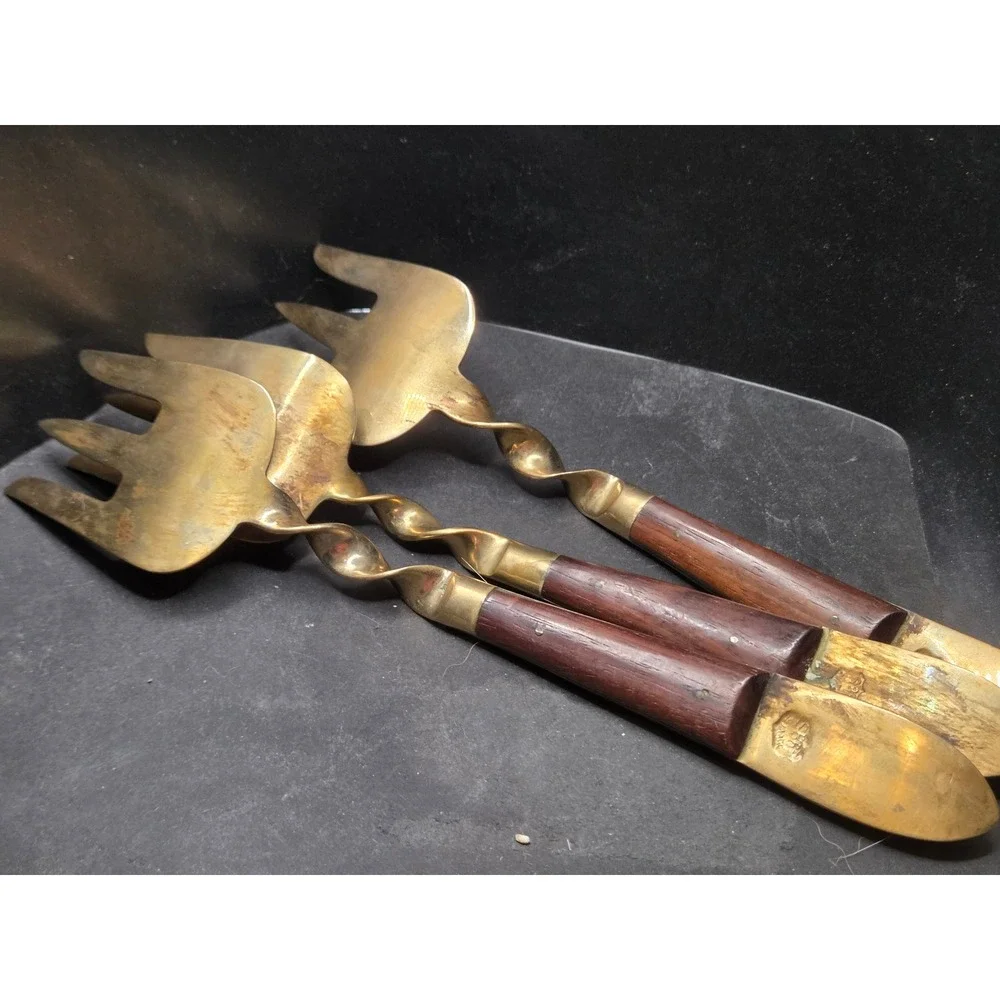 Vintage Thai Bronze Rosewood Serving Set 7pc Gold Goddess Buddha Mid Century